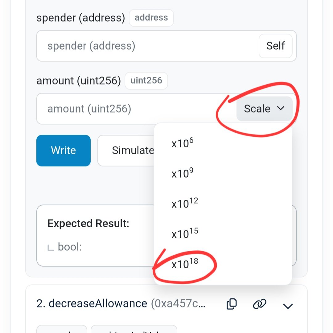 Entering the amount and selecting the ×10^18 scale on BscScan